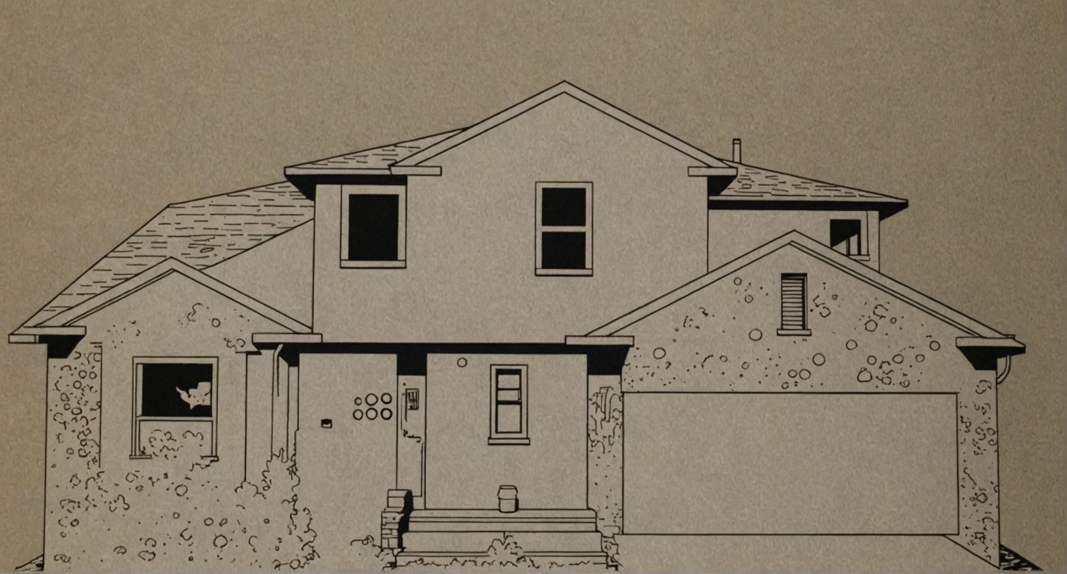 A black line drawing of the house on a flat background, tracing the roofline, windows, doors, garage, and stonework.