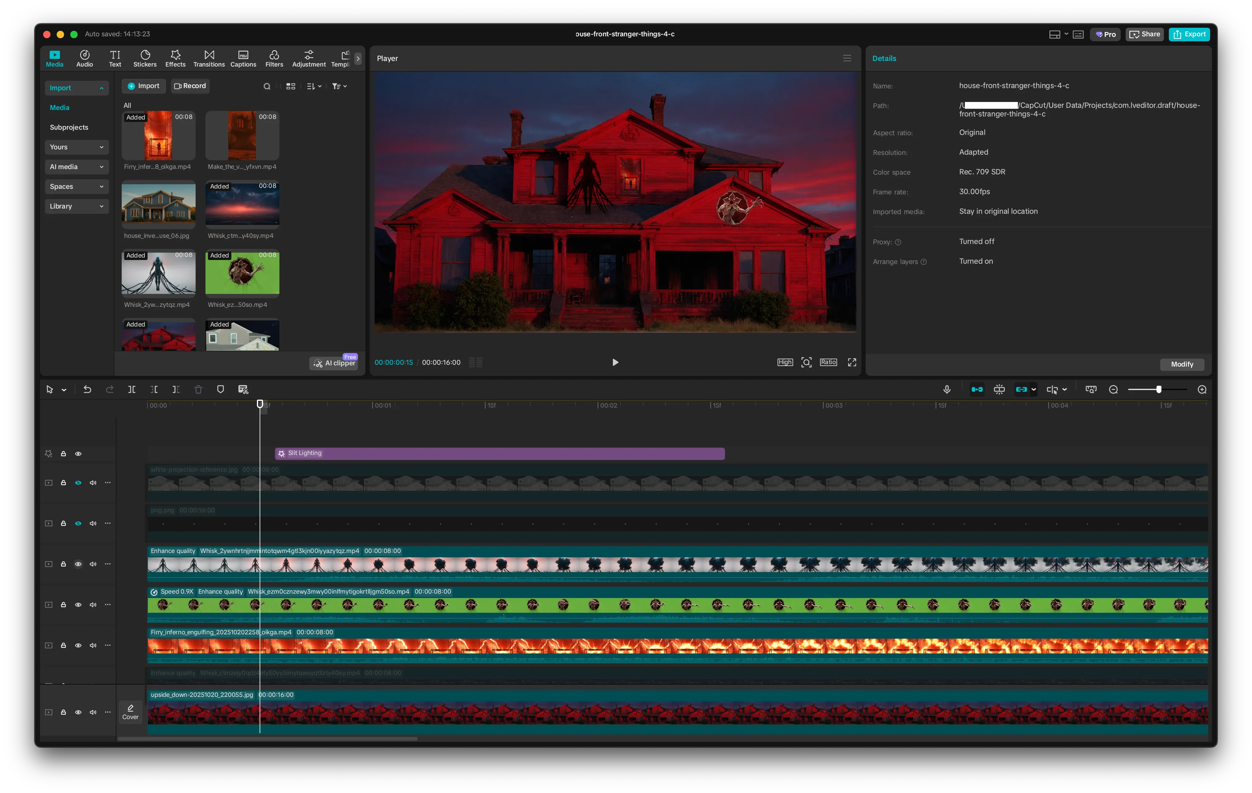 The CapCut editor with the red Scene Base Image in the preview and several stacked animation tracks on the timeline.