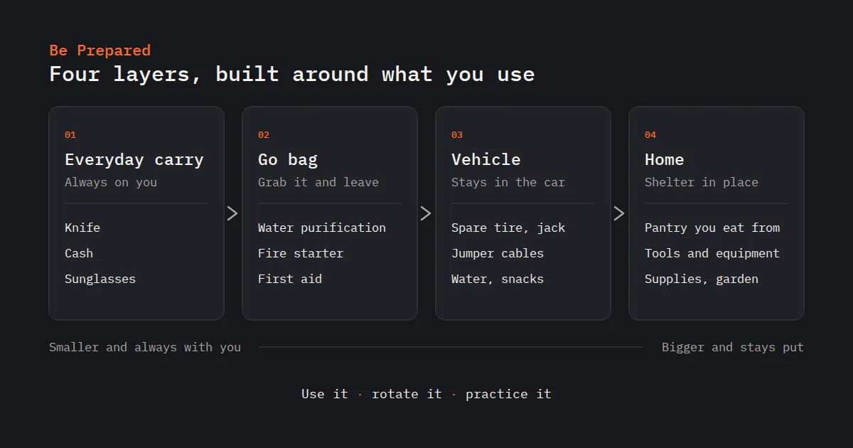 A diagram titled "Four layers, built around what you use." Four cards run from smallest to largest: Everyday carry, always on you (knife, cash, sunglasses); Go bag, grab it and leave (water purification, fire starter, first aid); Vehicle, stays in the car (spare tire and jack, jumper cables, water and snacks); Home, shelter in place (a pantry you eat from, tools and equipment, supplies and garden). Below: use it, rotate it, practice it.