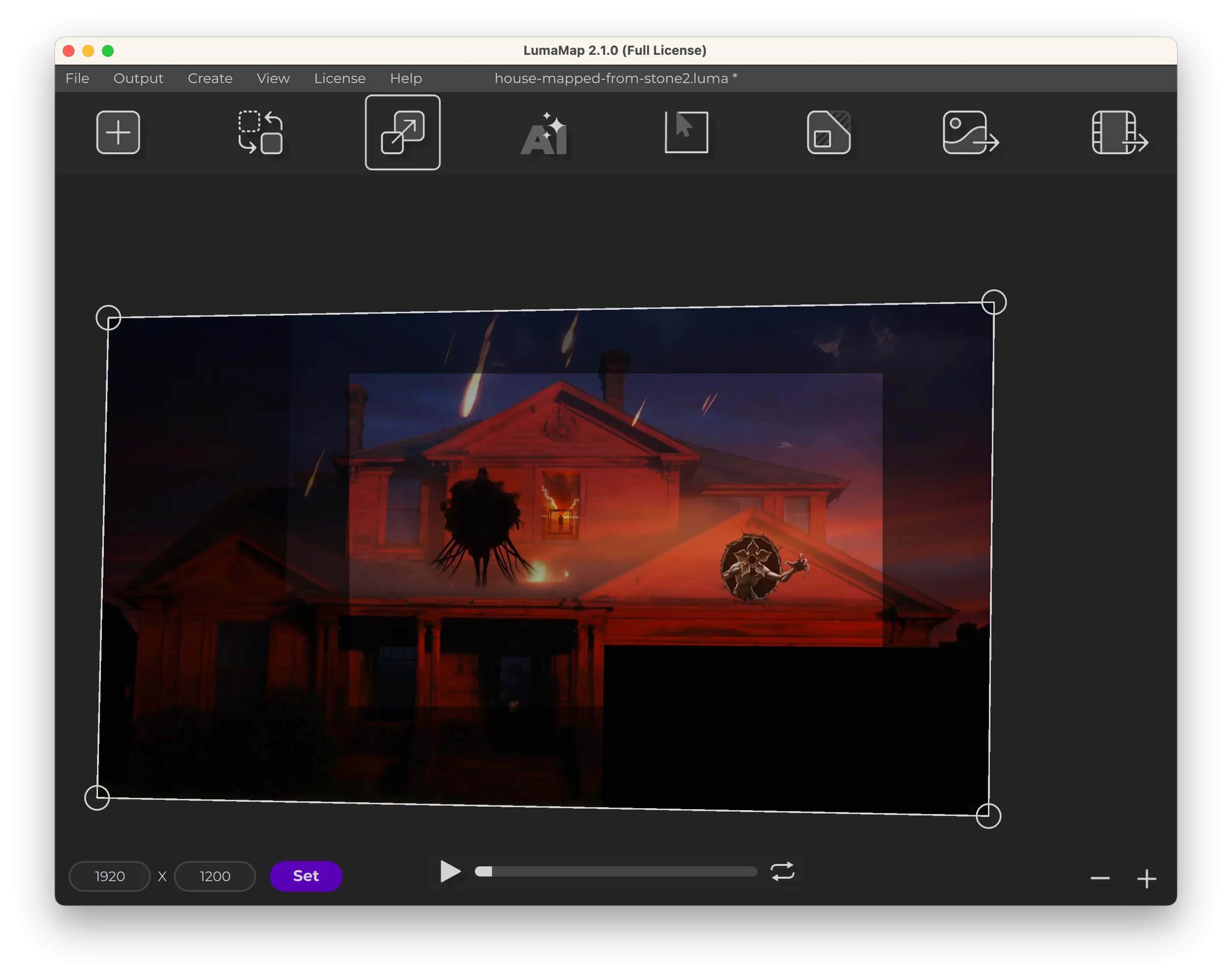 LumaMap showing the red scene placed on the canvas with corner handles for adjusting the mapping, at a 1920 by 1200 output size.