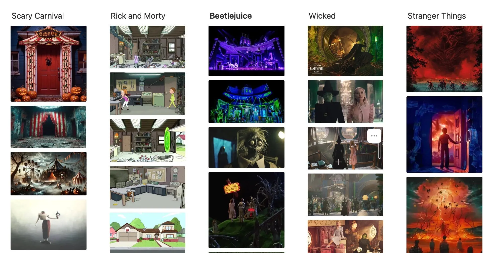 A mood board with five columns of reference images labeled Scary Carnival, Rick and Morty, Beetlejuice, Wicked, and Stranger Things.