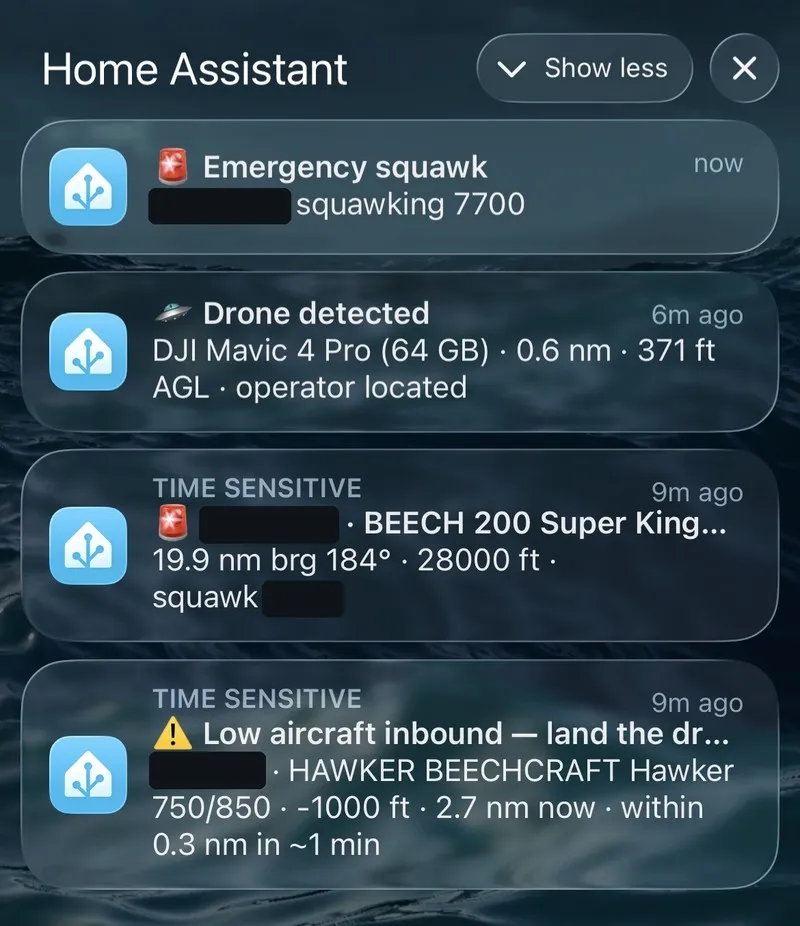 Four Home Assistant notifications on a phone. An emergency squawk 7700. A drone detected: a DJI Mavic 4 Pro 0.6 nm away at 371 ft above ground, operator located. A Beech 200 Super King Air 19.9 nm away at bearing 184° and 28,000 ft. A low aircraft inbound warning to land the drone: a Hawker 750/850 2.7 nm away, expected to pass within 0.3 nm in about a minute. Callsigns are blacked out.