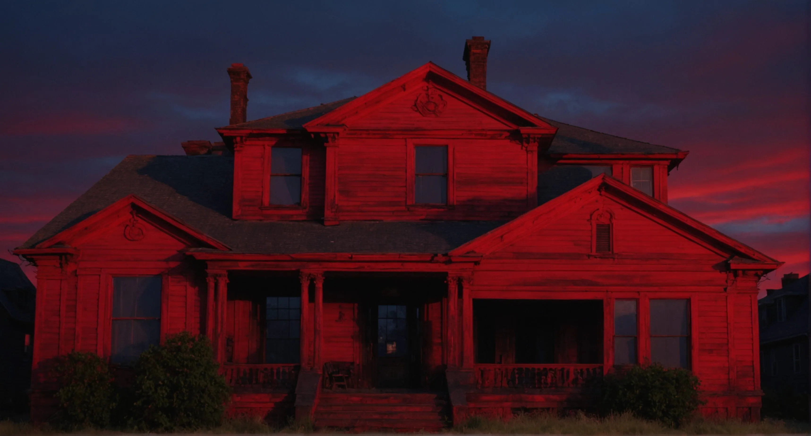 An AI-generated version of the house as a weathered Victorian farmhouse, bathed in red light under a dark red sky.